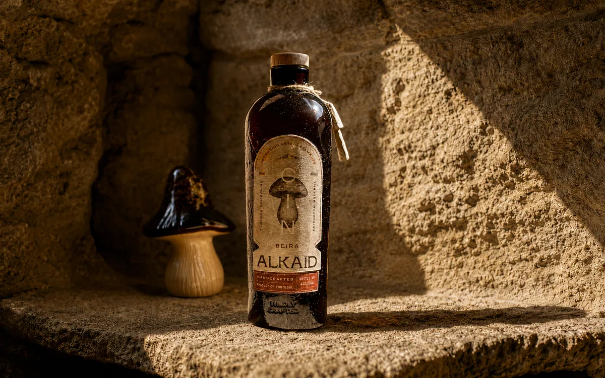 Garrafa de gin Alkaid sobre pedra de granito ao sol